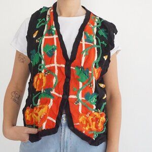 Vintage Lauren Hansen Black Orange Pumpkin Harvest Autumn Knit Sweater Vest M